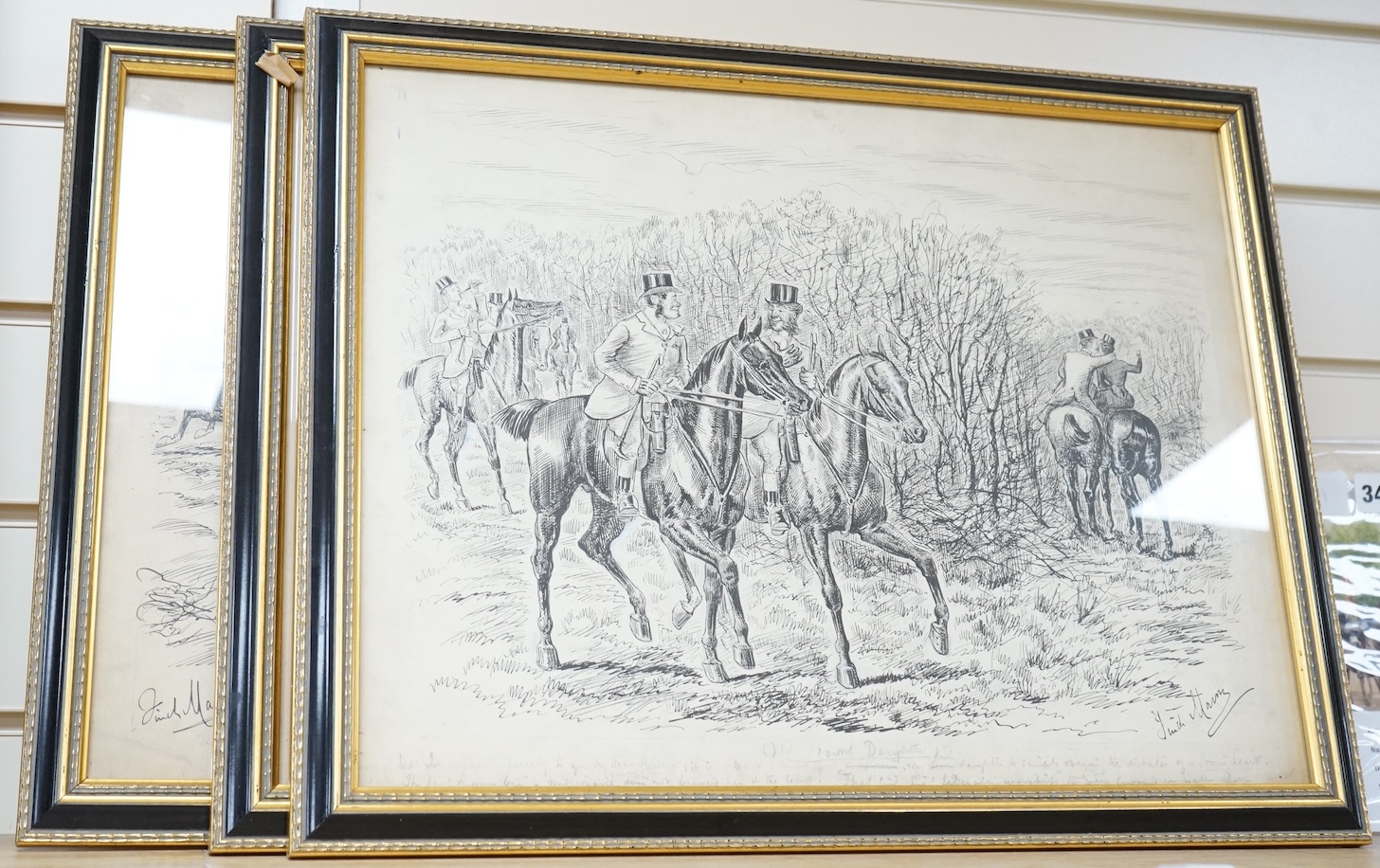 George Finch Mason (1850-1915), Hunting scenes, each signed and inscribed, set of four ink sketches heightened with white, 34 x 44cm